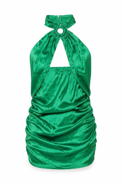 PRETTYLITTLETHING Womens Green Polyester Mini Size 6 Halter Zip - Rouched Cut Out