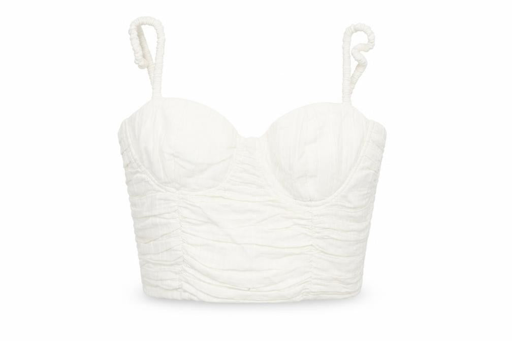 Stradivarius Womens White Cotton Cropped Blouse Size XS Sweetheart - Rouched