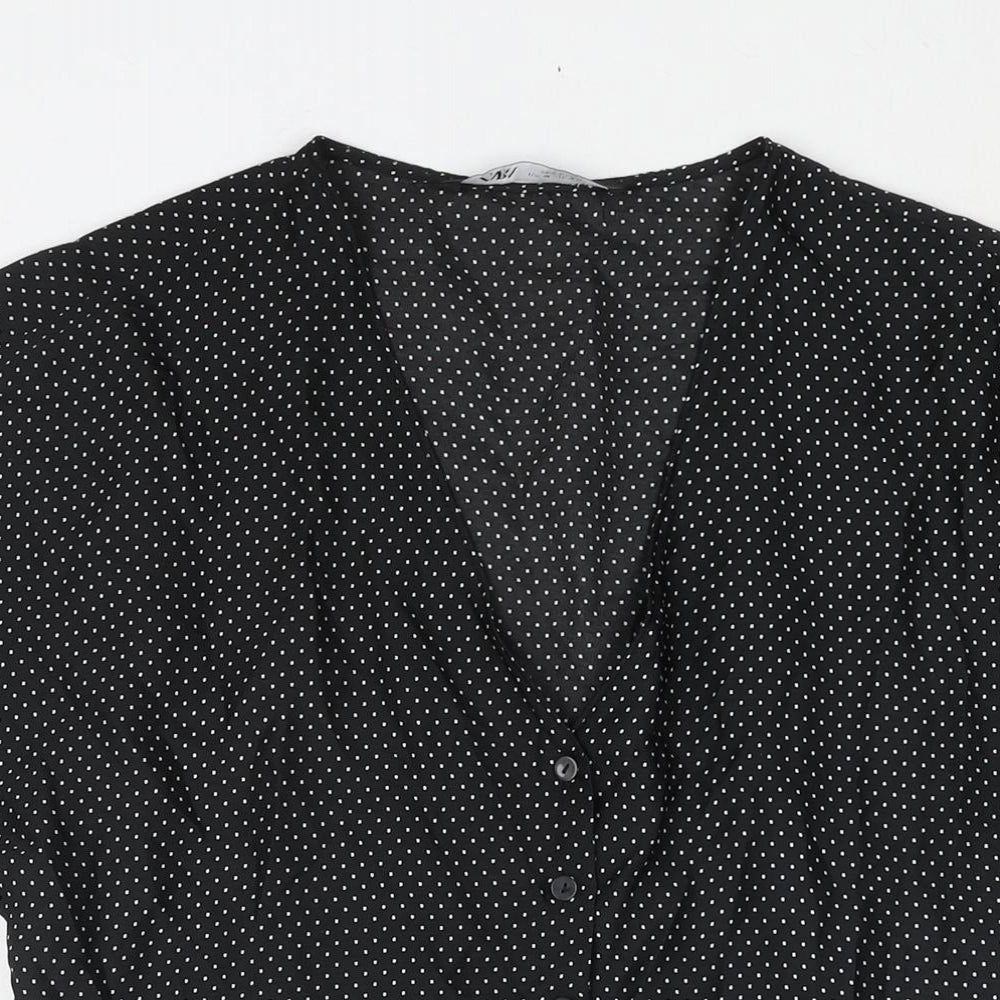 Zara Womens Black Polka Dot Polyester Shift Size M V-Neck Button - Pleated