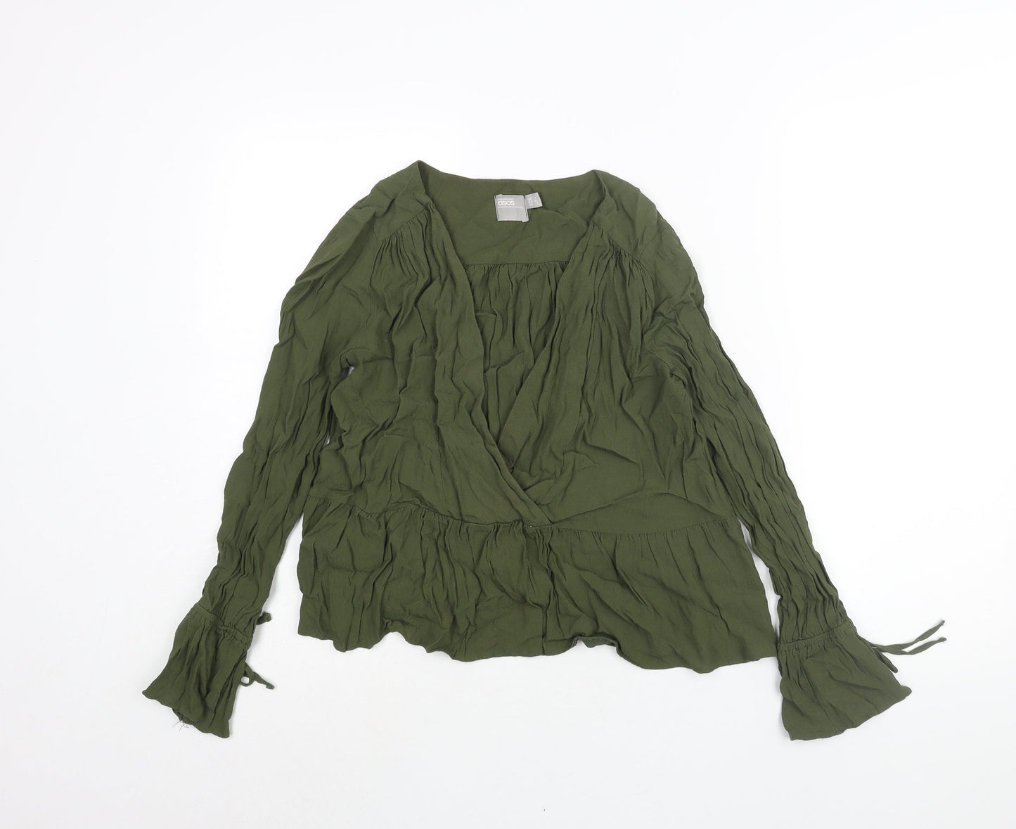 ASOS Womens Green Viscose Basic Blouse Size 8 V-Neck - Peplum Tie Cuff