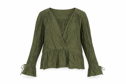 Front view of ASOS women’s green viscose basic blouse, size UK 8, v-neck - peplum tie cuff