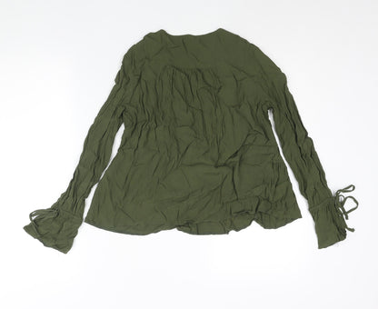 Back view of ASOS women’s green viscose basic blouse, size UK 8, v-neck - peplum tie cuff
