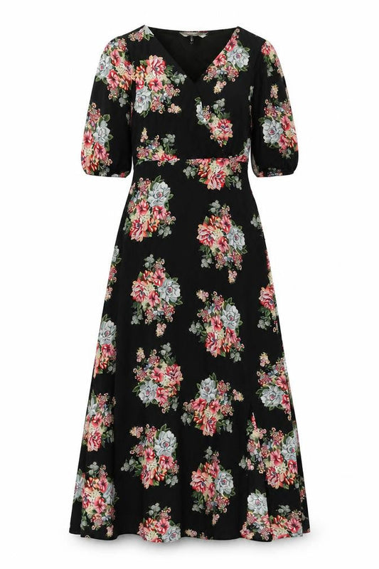 Yumi Womens Black Floral Polyester Maxi Size 10 V-Neck Snap