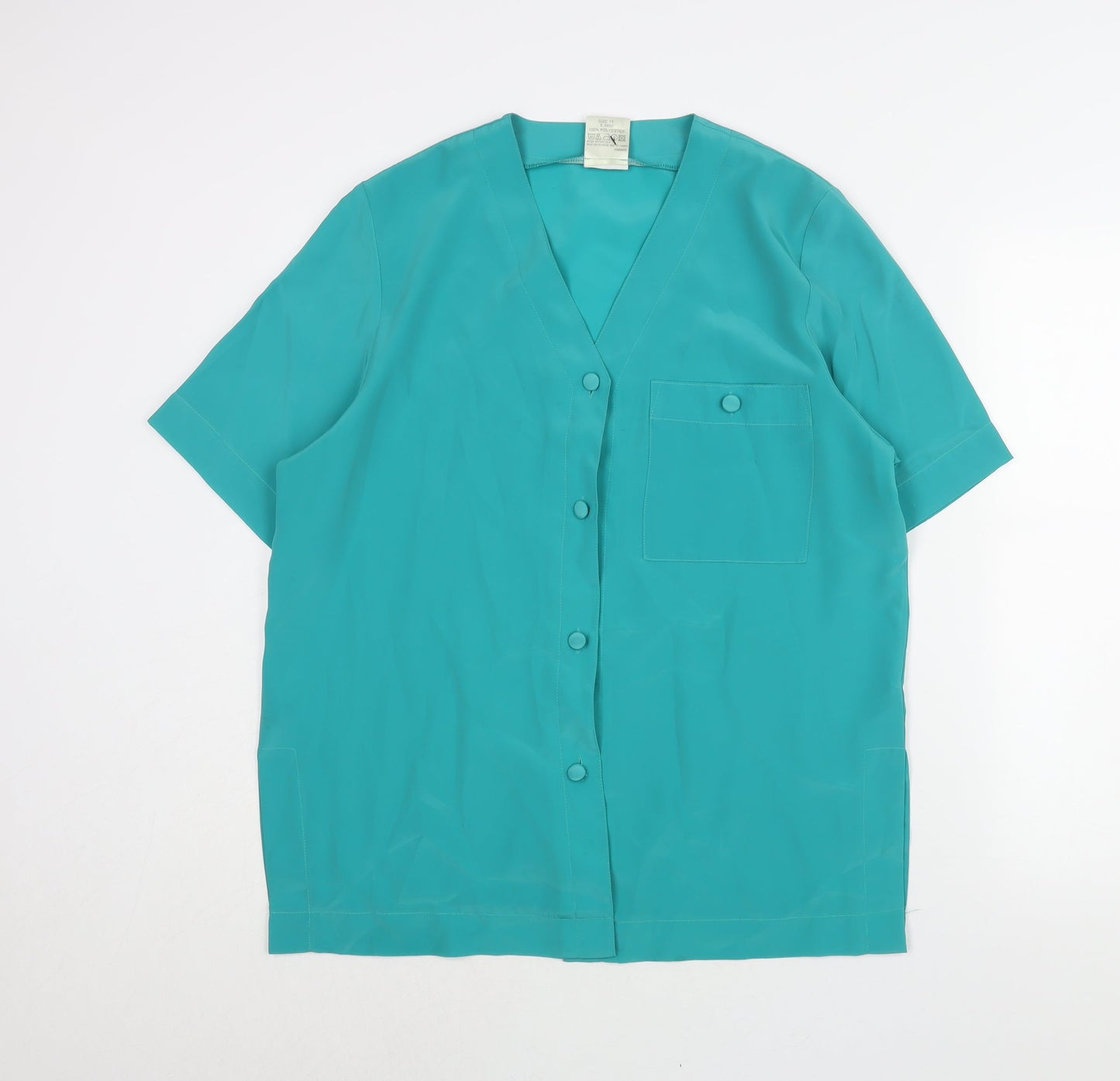 Classic Womens Green Polyester Basic Blouse Size 14 V-Neck - Vintage