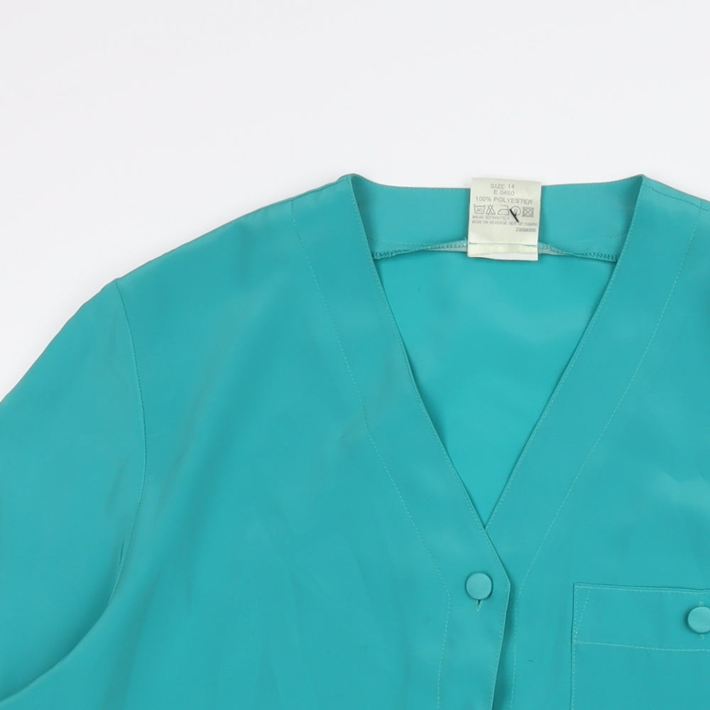 Classic Womens Green Polyester Basic Blouse Size 14 V-Neck - Vintage