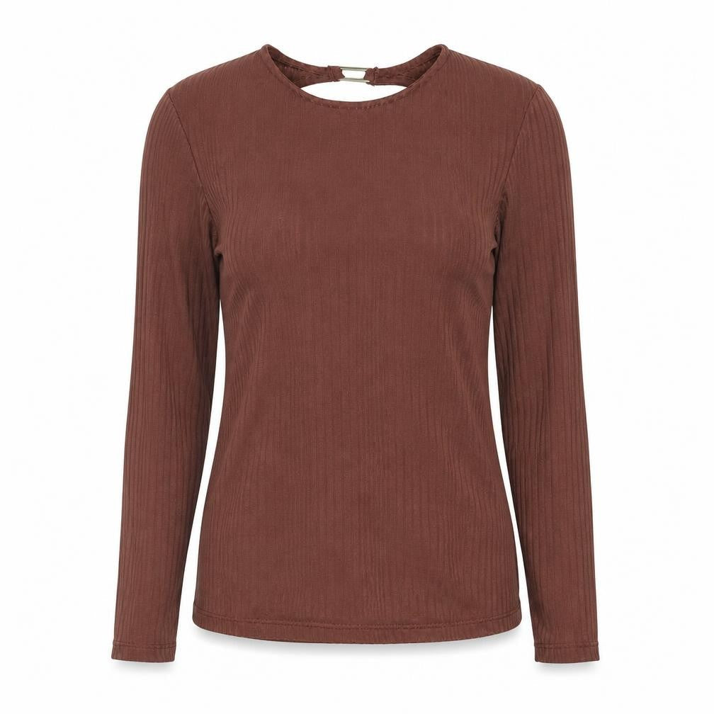 Stradivarius Womens Brown Polyester Basic Blouse Size S Round Neck - Buckle Cut Out