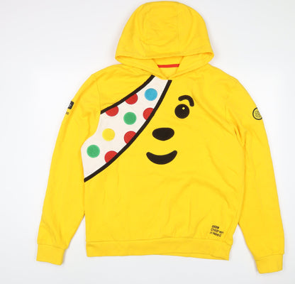 Preloved Pudsey Mens Yellow Cotton Pullover Hoodie Size M - Embroidered - Front