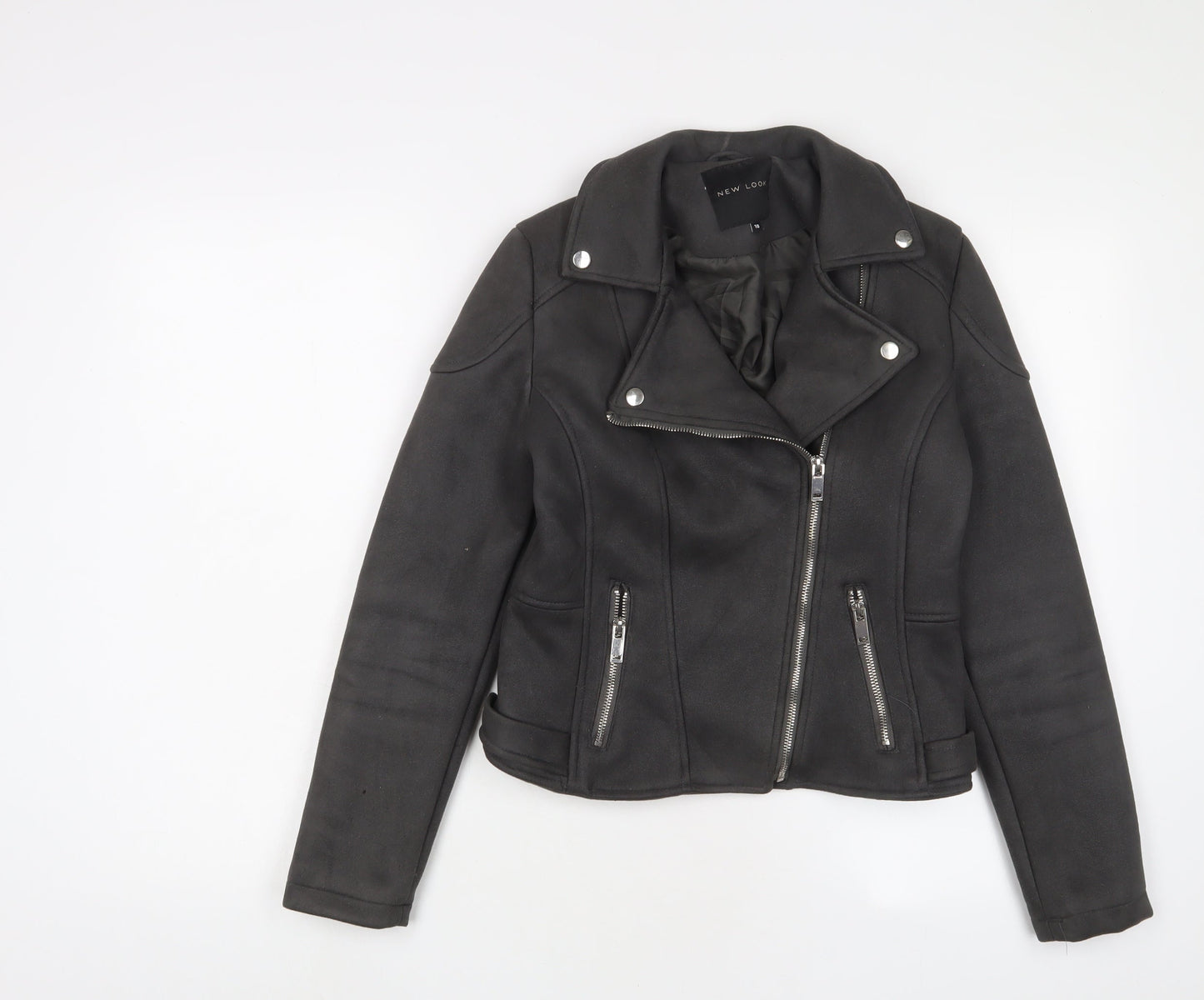 New Look Womens Grey Biker Jacket Size 10 Zip - Zip Pockets