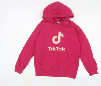 Preloved TIKTOK Girls Pink Cotton Pullover Hoodie Size 9-10 Years Pullover - Front