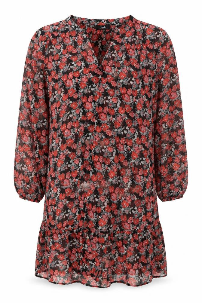 Wallis Womens Black Floral Polyester Tunic Button-Up Size 16 V-Neck - Sheer