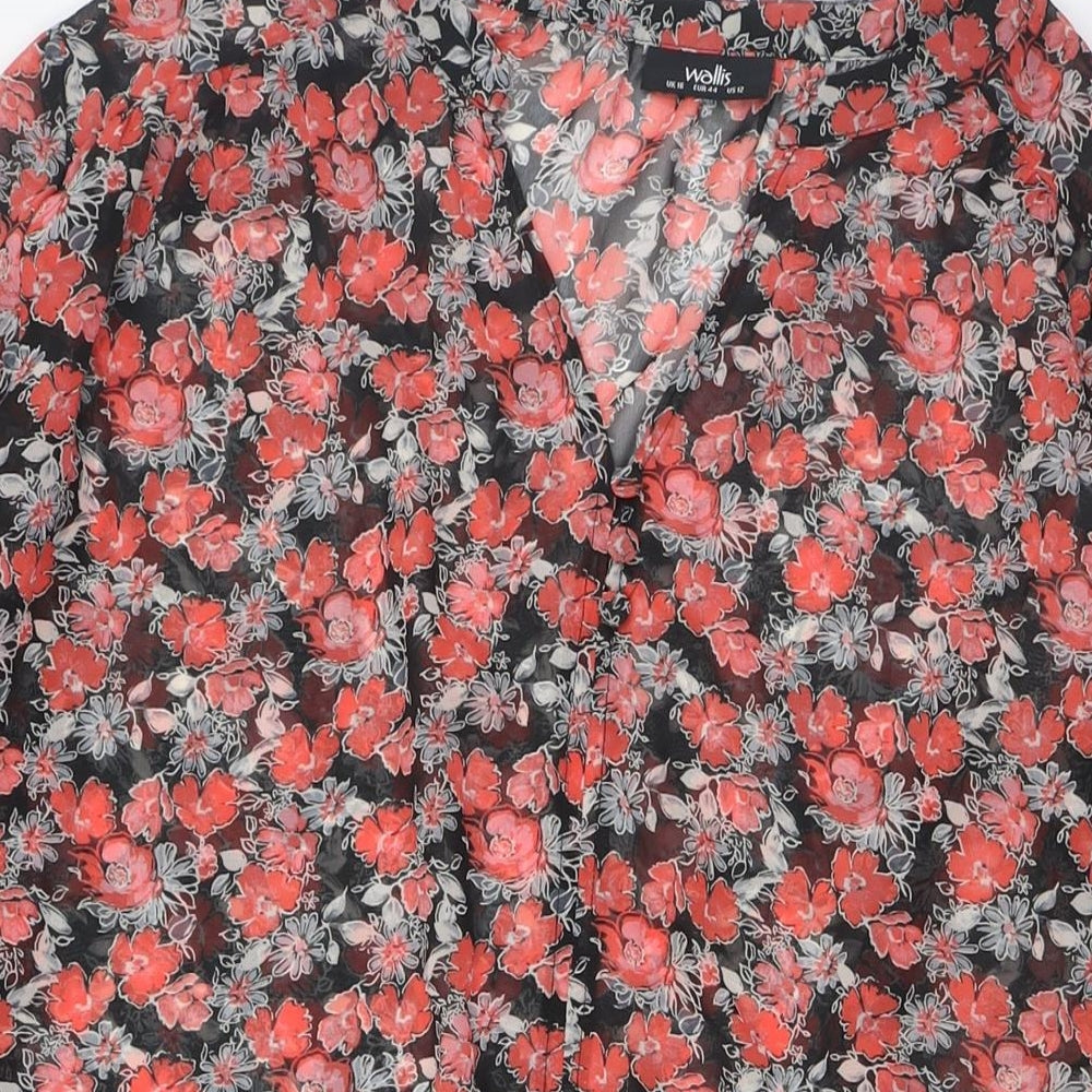 Wallis Womens Black Floral Polyester Tunic Button-Up Size 16 V-Neck - Sheer