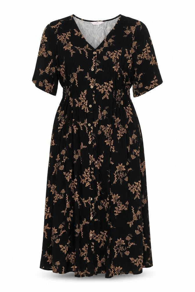 Julipa Womens Black Floral Polyester A-Line Size 8 V-Neck Button - Elasticated Waist