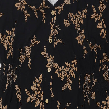 Julipa Womens Black Floral Polyester A-Line Size 8 V-Neck Button - Elasticated Waist