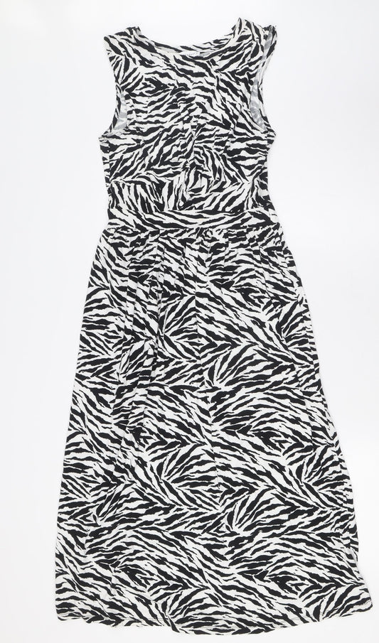 Warehouse Womens Black Animal Print Viscose A-Line Size 8 Round Neck