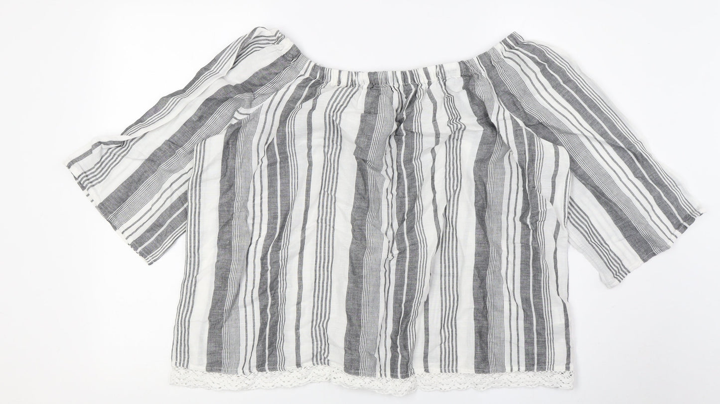 Marks and Spencer Womens White Striped Flax Basic Button-Up Size 16 Off the Shoulder