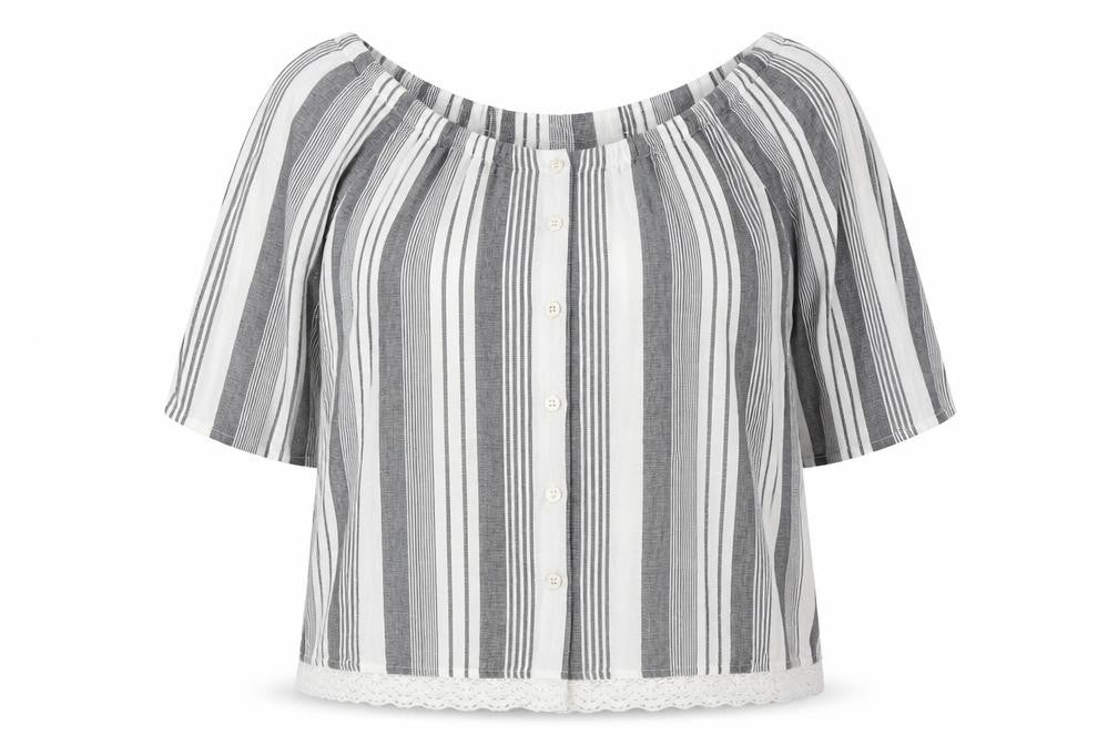 Marks & Spencer Womens White Striped Flax Basic Button-Up Size 16 Off the Shoulder