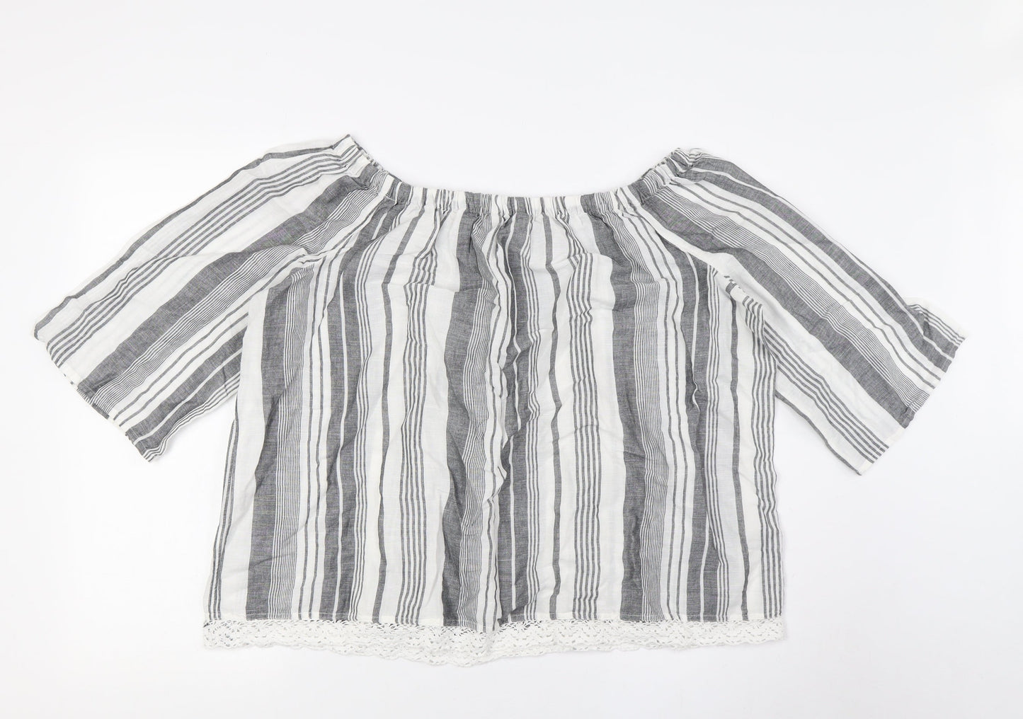 Marks and Spencer Womens White Striped Flax Basic Button-Up Size 16 Off the Shoulder