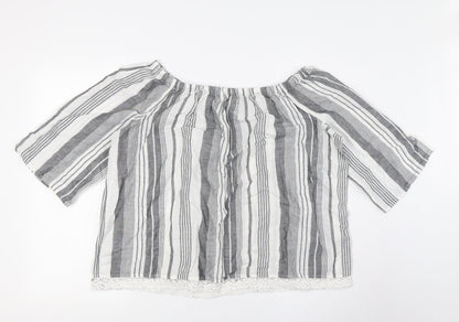 Marks & Spencer Womens White Striped Flax Basic Button-Up Size 16 Off the Shoulder
