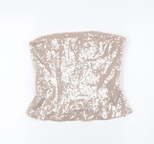 Zara Womens Beige Polyester Basic Button-Up Size M Off the Shoulder - Squares