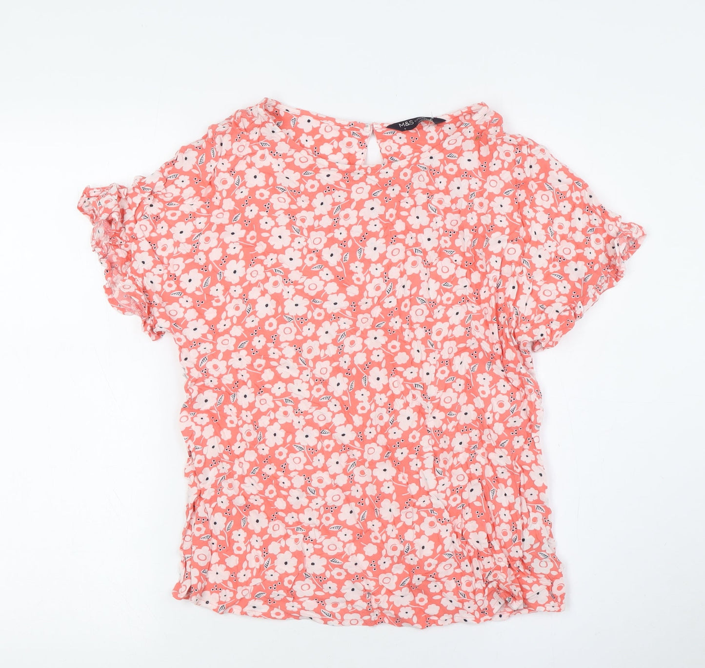 Marks and Spencer Womens Pink Floral Viscose Basic Button-Up Size 8 Boat Neck