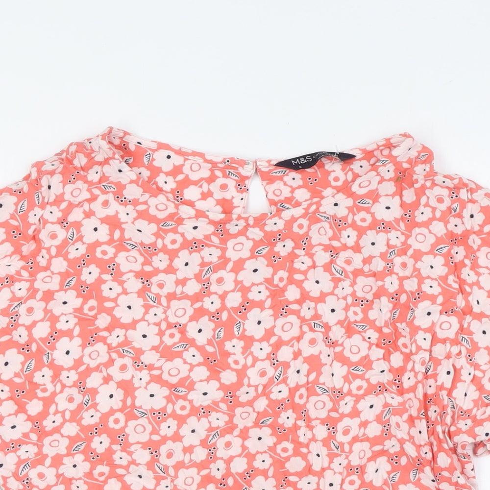 Marks and Spencer Womens Pink Floral Viscose Basic Button-Up Size 8 Boat Neck