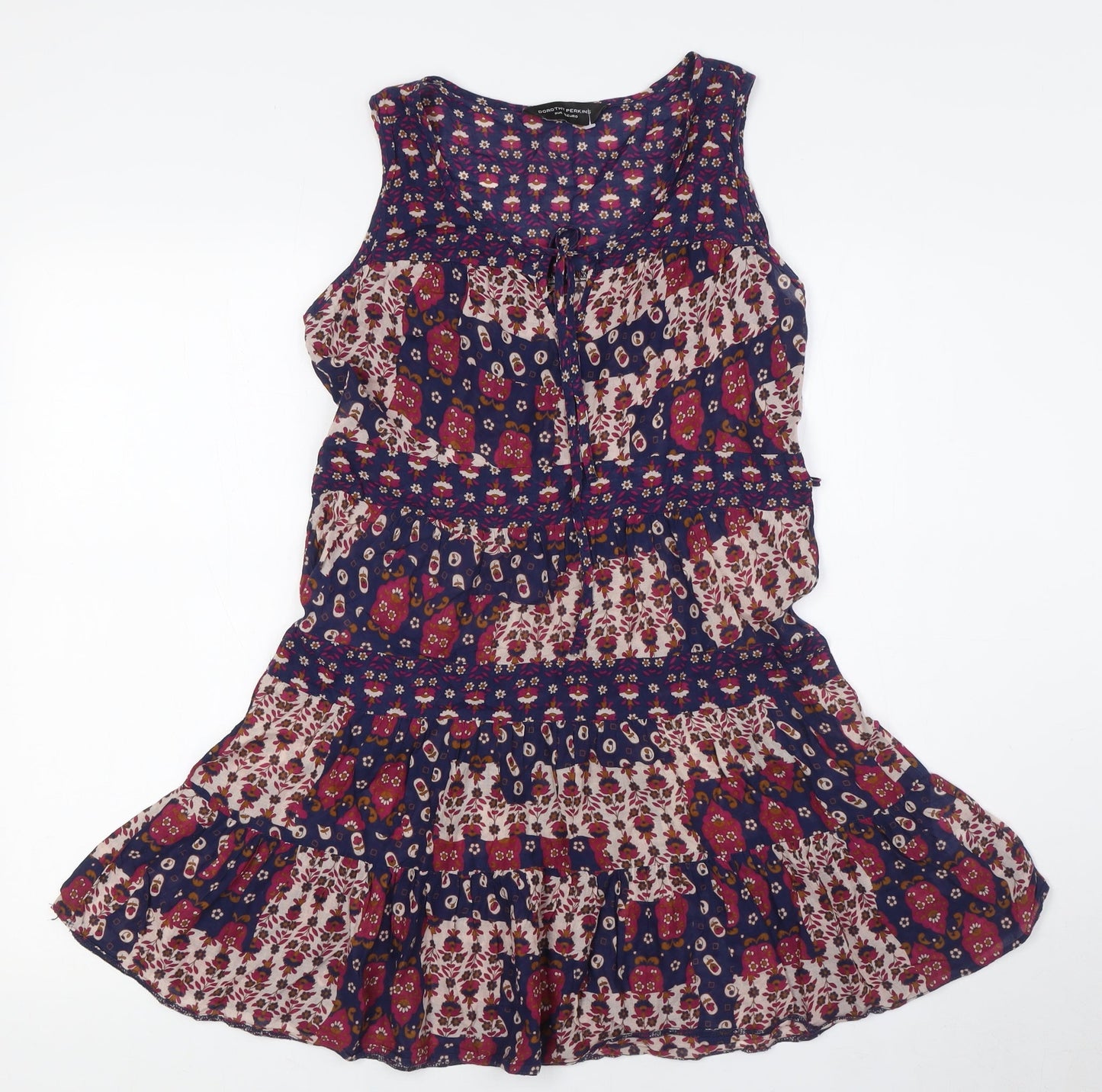 Dorothy Perkins Womens Blue Floral Cotton Tunic Button-Up Size 8 Scoop Neck