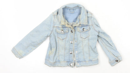 Additional front view of Matalan girls’ blue jacket, size 2-3, years snap - distressed look