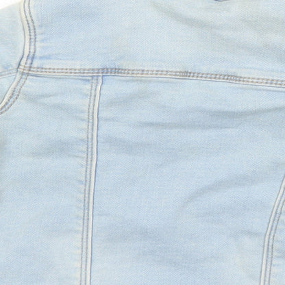 Brand and care label for Matalan girls’ blue jacket, size 2-3, years snap - distressed look