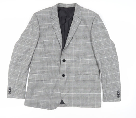 H&M Mens Grey Plaid Polyester Jacket Blazer Size 42 Regular