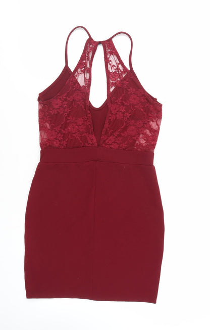 Boohoo Womens Red Polyester Mini Size 12 Scoop Neck Pullover - Lace Detail