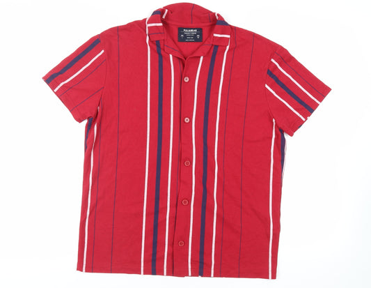 Pull&Bear Mens Red Striped Polyester Button-Up Size L Collared Button