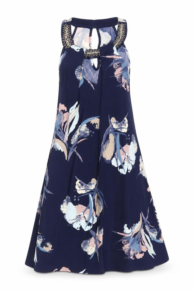 NEXT Womens Blue Floral Polyester Trapeze & Swing Size 8 Halter Button - Embellished Neckline