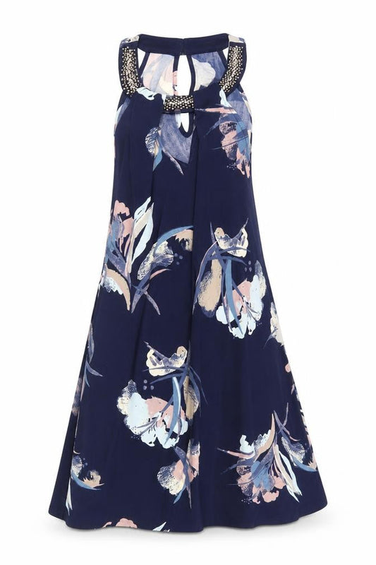 Next Womens Blue Floral Polyester Trapeze & Swing Size 8 Halter Button - Embellished Neckline