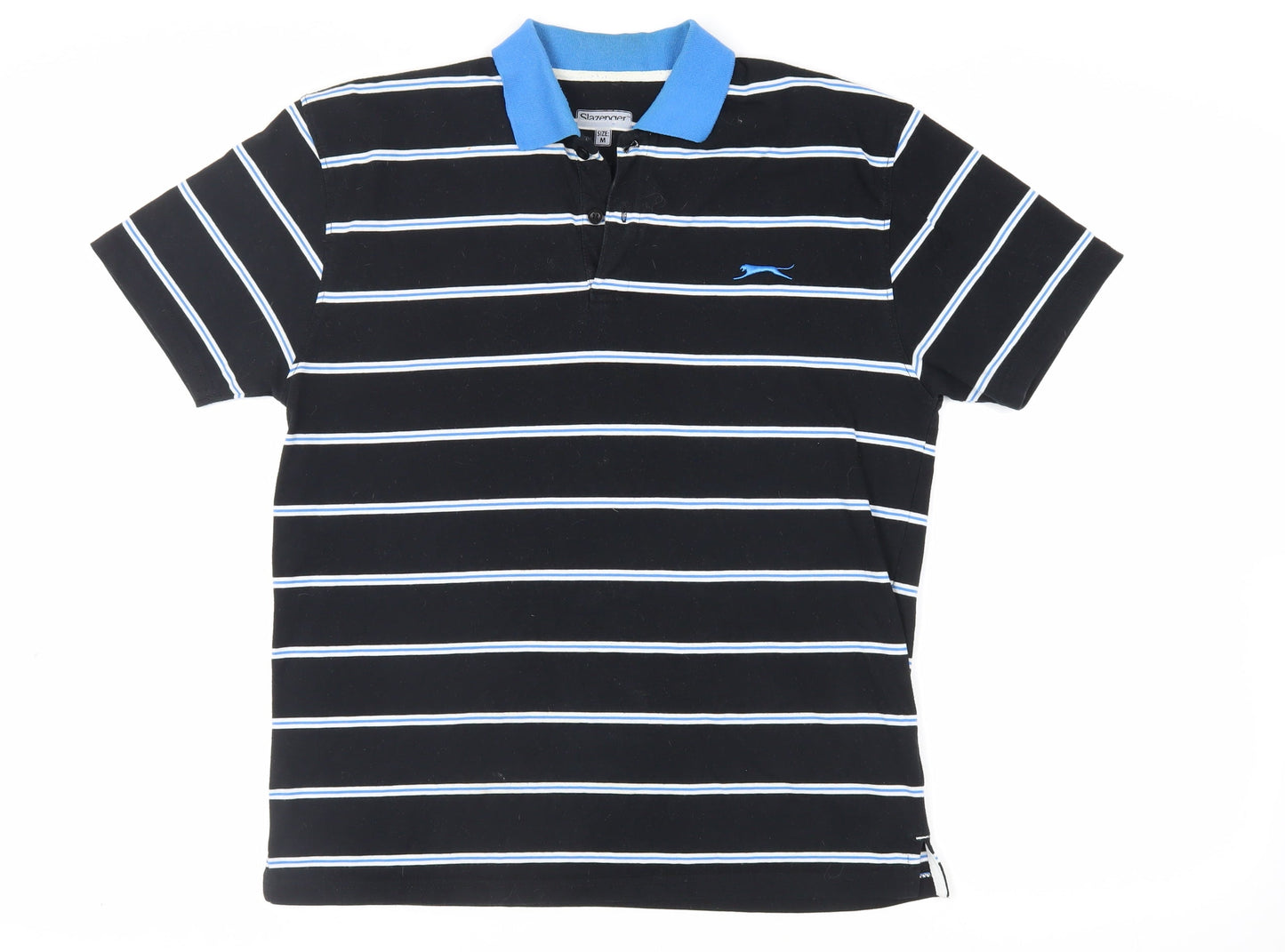 Slazenger Mens Black Striped Polyester Polo Size M Collared Button