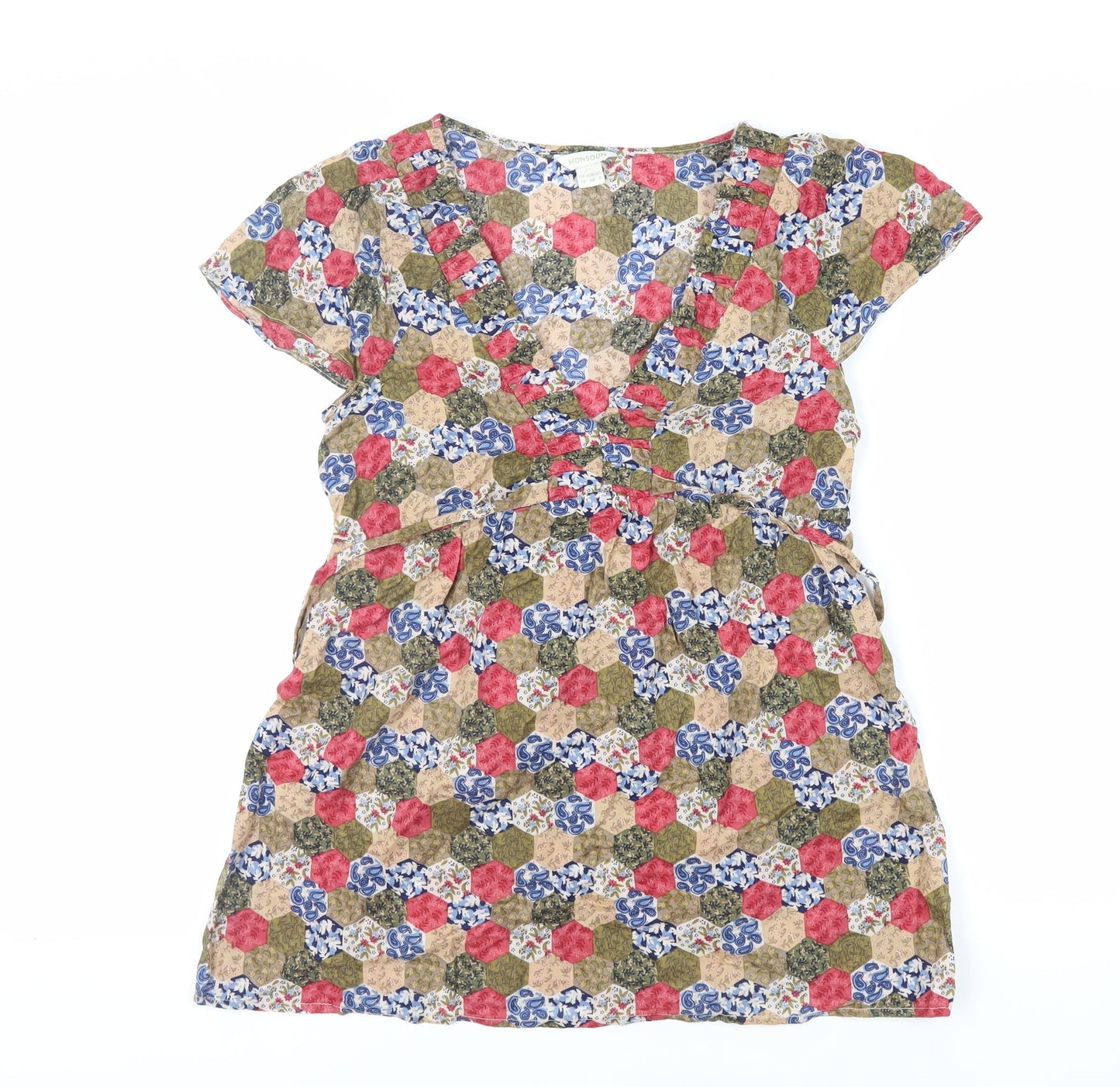 Monsoon Womens Multicoloured Geometric Cotton Basic Blouse Size 10 V-Neck