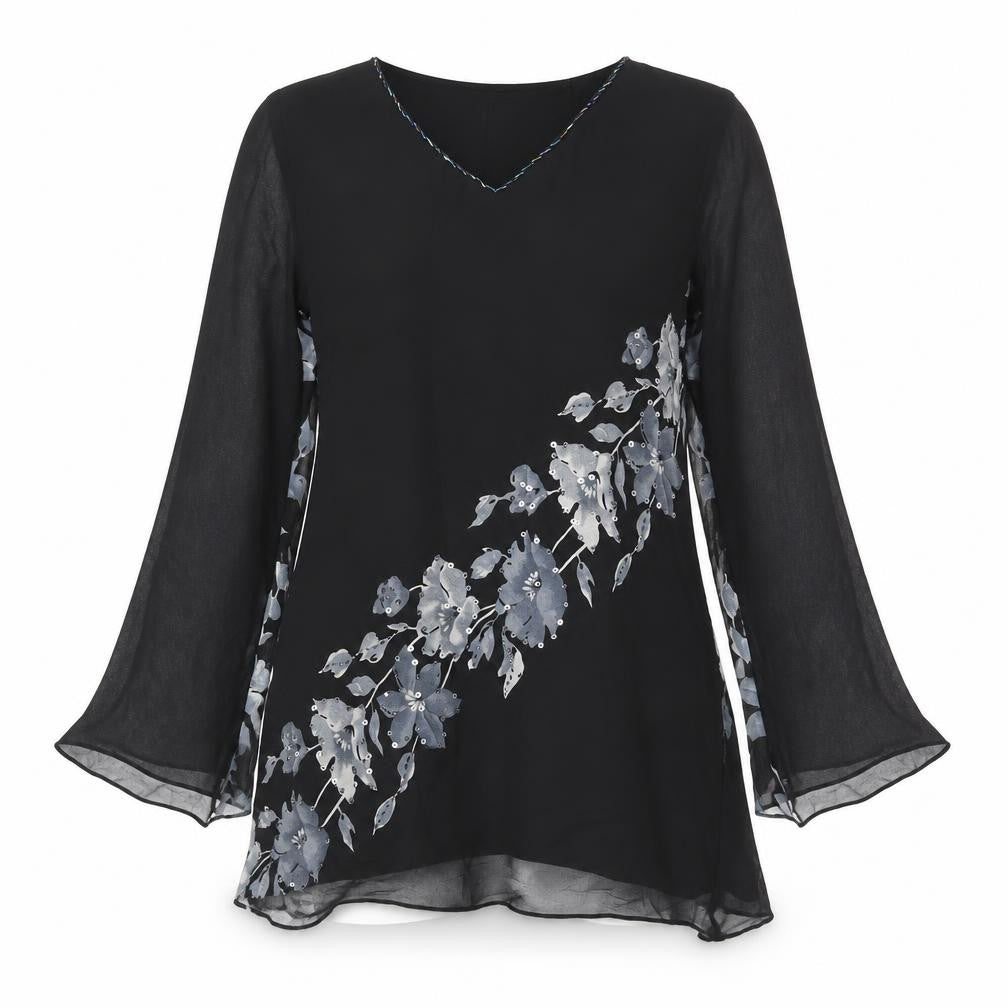 Kushi Womens Black Floral Polyester Tunic Blouse Size 10 V-Neck - Beaded Sequin