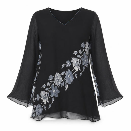 Kushi Womens Black Floral Polyester Tunic Blouse Size 10 V-Neck - Beaded Sequin