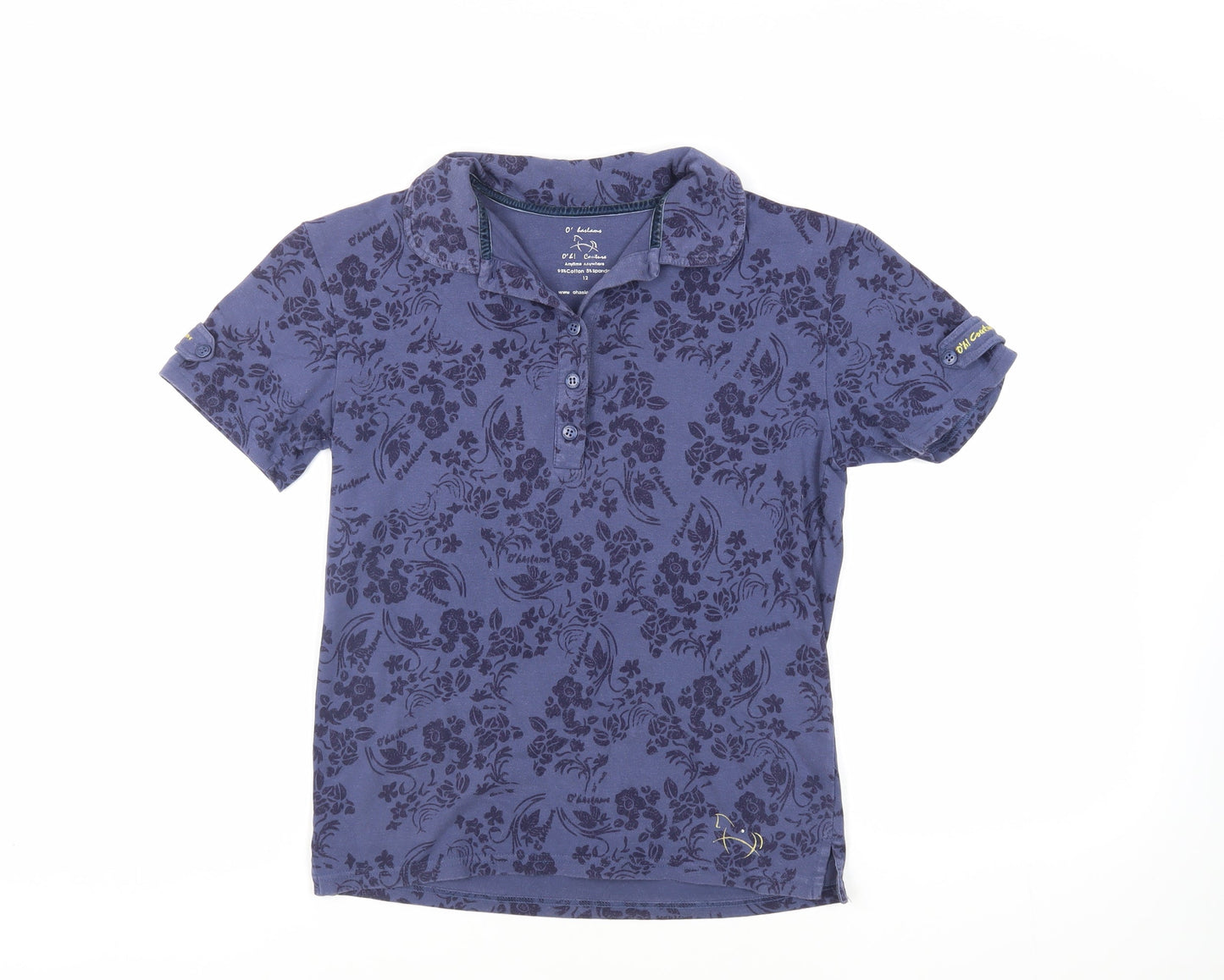 O' Haslams Womens Blue Floral Cotton Basic Polo Size 12 Collared