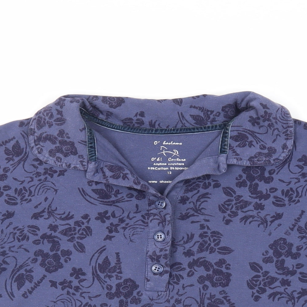 O' Haslams Womens Blue Floral Cotton Basic Polo Size 12 Collared