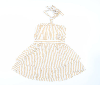 Additional front view of ASOS women’s beige striped cotton basic blouse, size UK 10, halter - backless