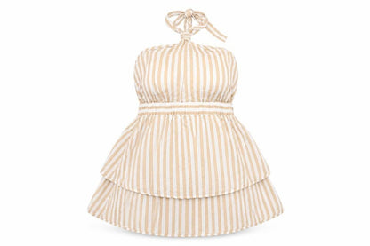 Front view of ASOS women’s beige striped cotton basic blouse, size UK 10, halter - backless
