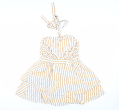 Back view of ASOS women’s beige striped cotton basic blouse, size UK 10, halter - backless