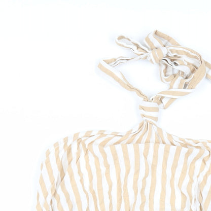 Close-up detail of ASOS women’s beige striped cotton basic blouse, size UK 10, halter - backless