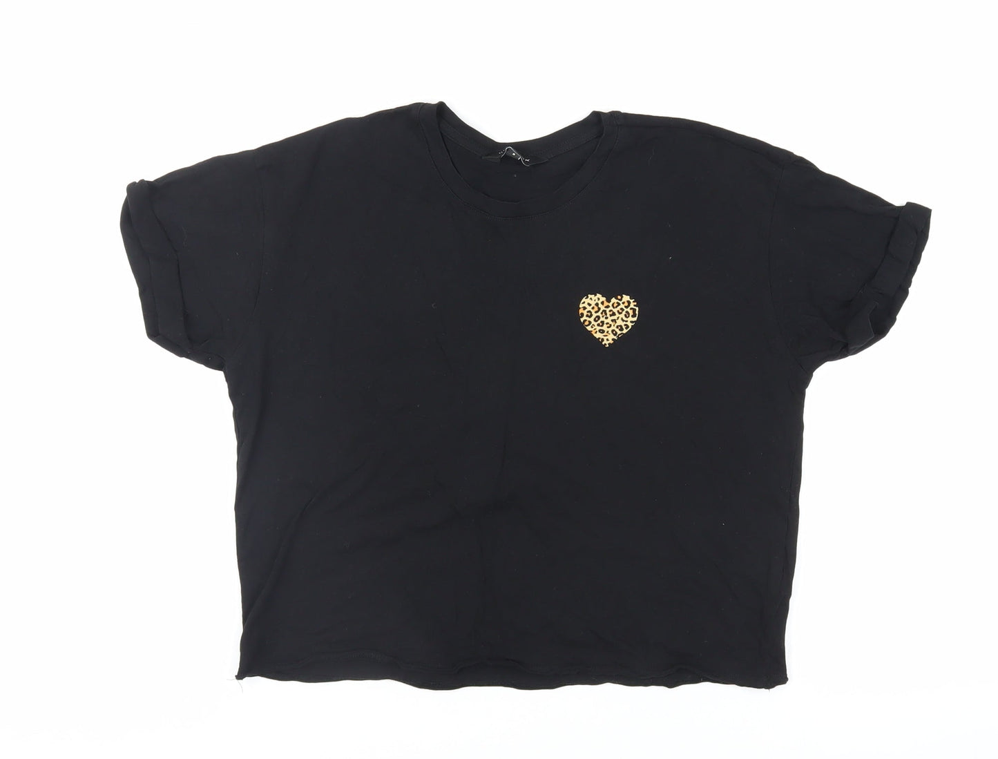 New Look Womens Black Cotton Basic T-Shirt Size 8 Crew Neck - Heart