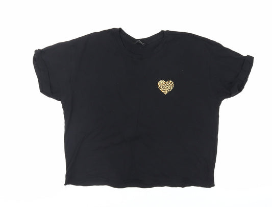 New Look Womens Black Cotton Basic T-Shirt Size 8 Crew Neck - Heart