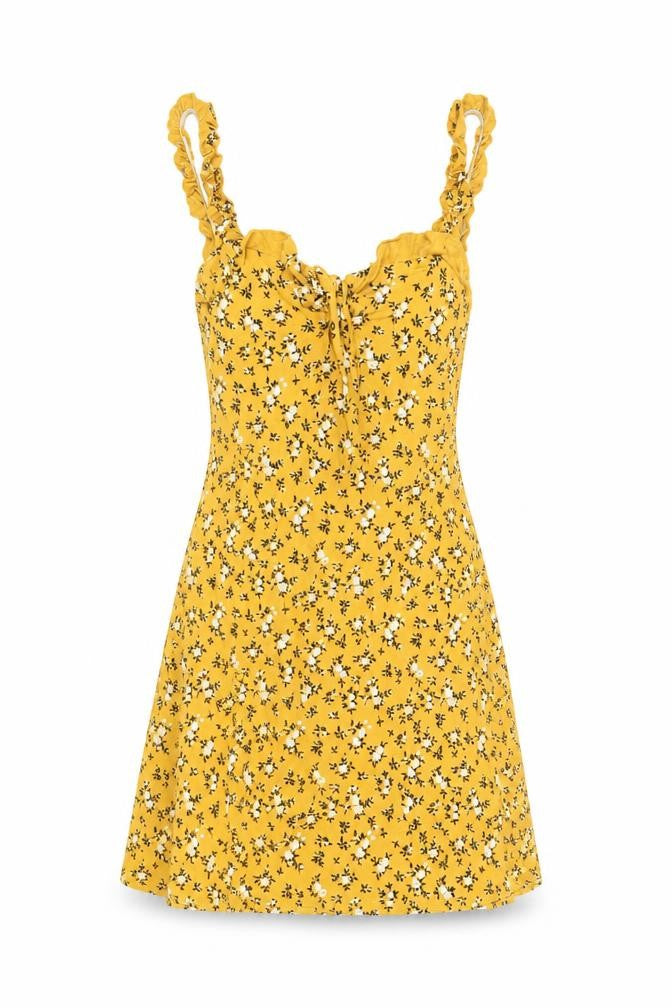 PRETTYLITTLETHING Womens Yellow Floral Viscose Mini Size 8 Round Neck Pullover