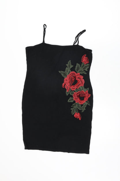 Additional front view of ASOS women’s black floral viscose mini, size UK 14, square neck pullover