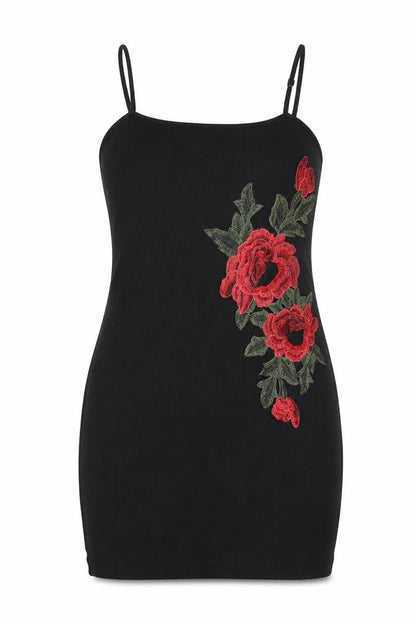 Front view of ASOS women’s black floral viscose mini, size UK 14, square neck pullover