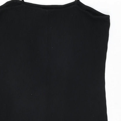Brand and care label for ASOS women’s black floral viscose mini, size UK 14, square neck pullover