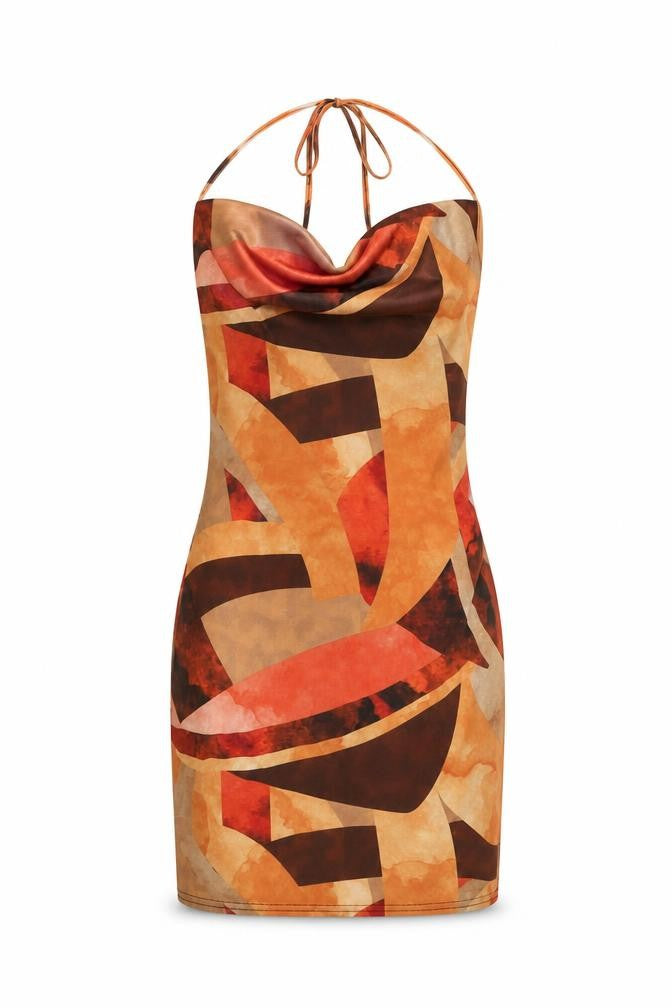PRETTYLITTLETHING Womens Orange Geometric Polyester Bodycon Size 6 Cowl Neck Tie